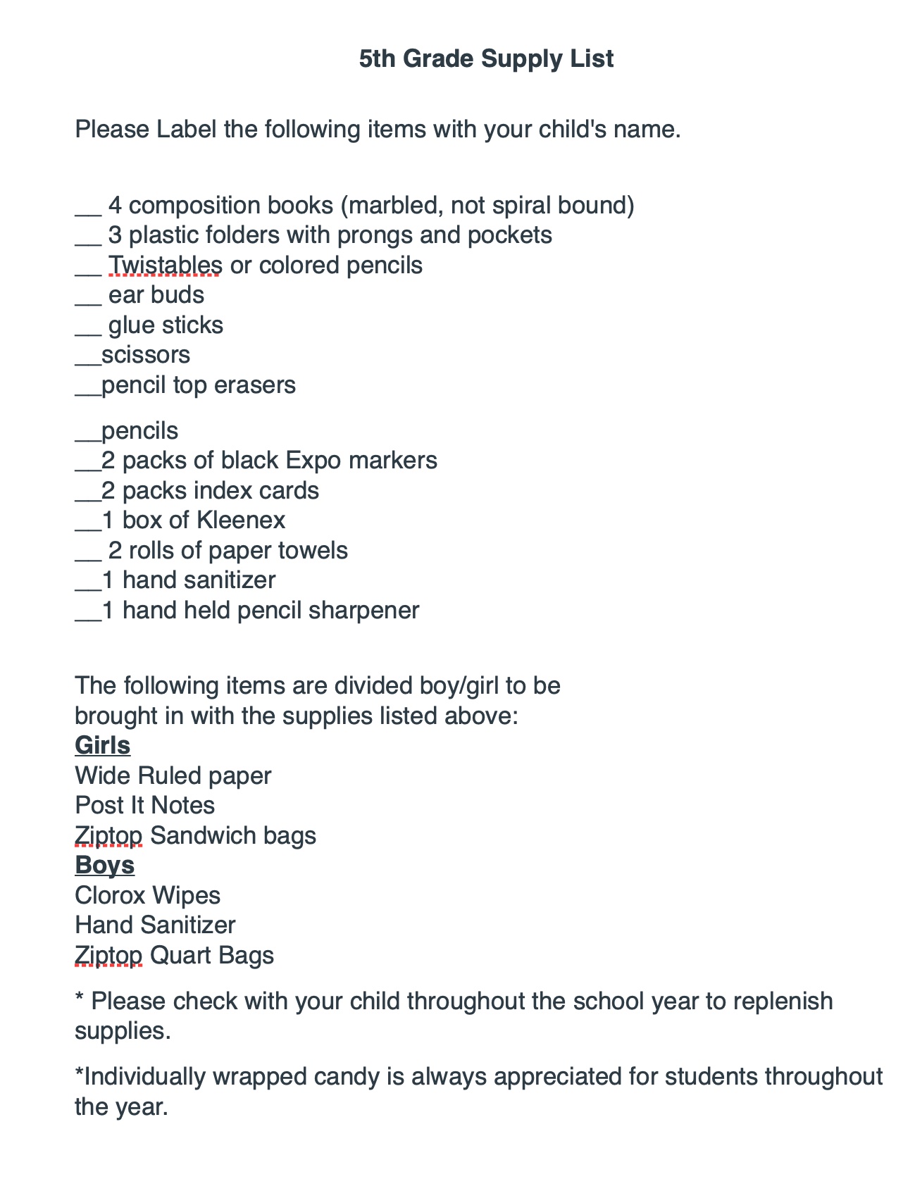 School Supplies Lists Avoca Elementary School